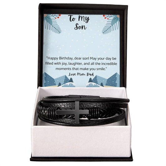 Men's Cross Leather Bracelet Gift for son.