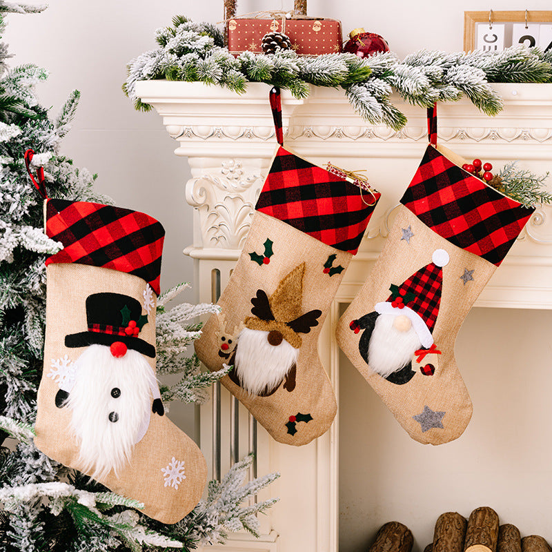 Christmas Window Pendant - Red and Black Plaid with Embroidered Decorations