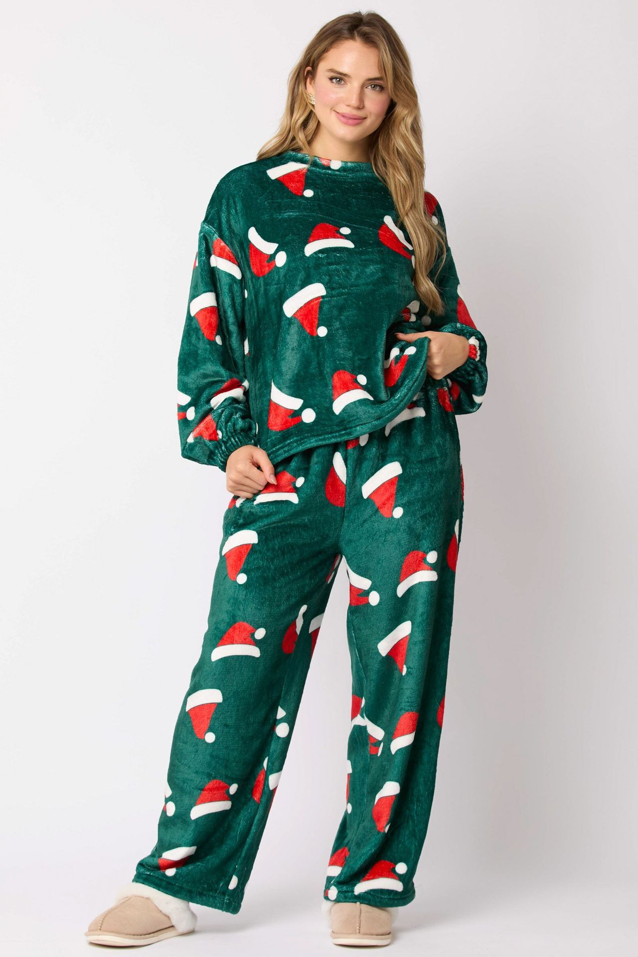 Women's Christmas Pajama Set - Long Sleeve Top with Hat and Trousers