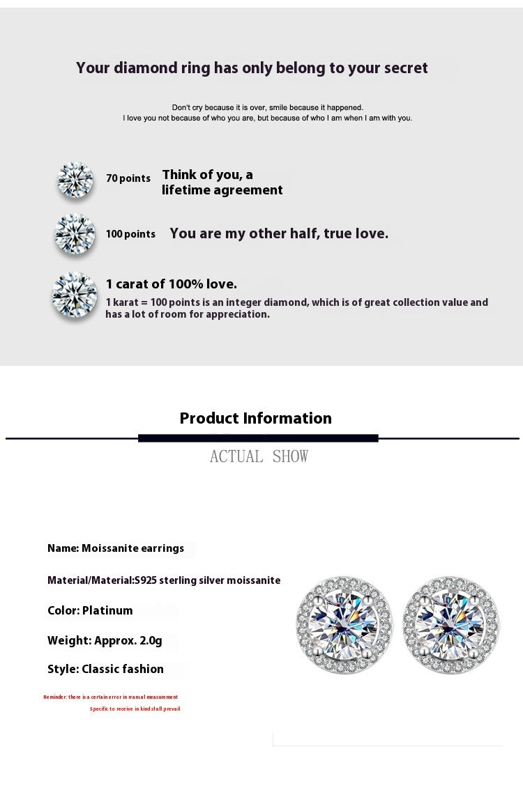 Elegant S925 Sterling Silver Moissanite Round Stud Earrings ,Simple & Graceful Genuine Gemstone Jewelry for Women