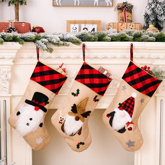 Christmas Window Pendant - Red and Black Plaid with Embroidered Decorations