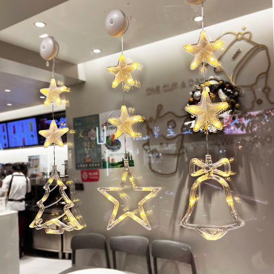 Christmas 3pcs LED Star Hanging Ornaments - Xmas Tree Window Sucker Lamps for Home & New Year Decor