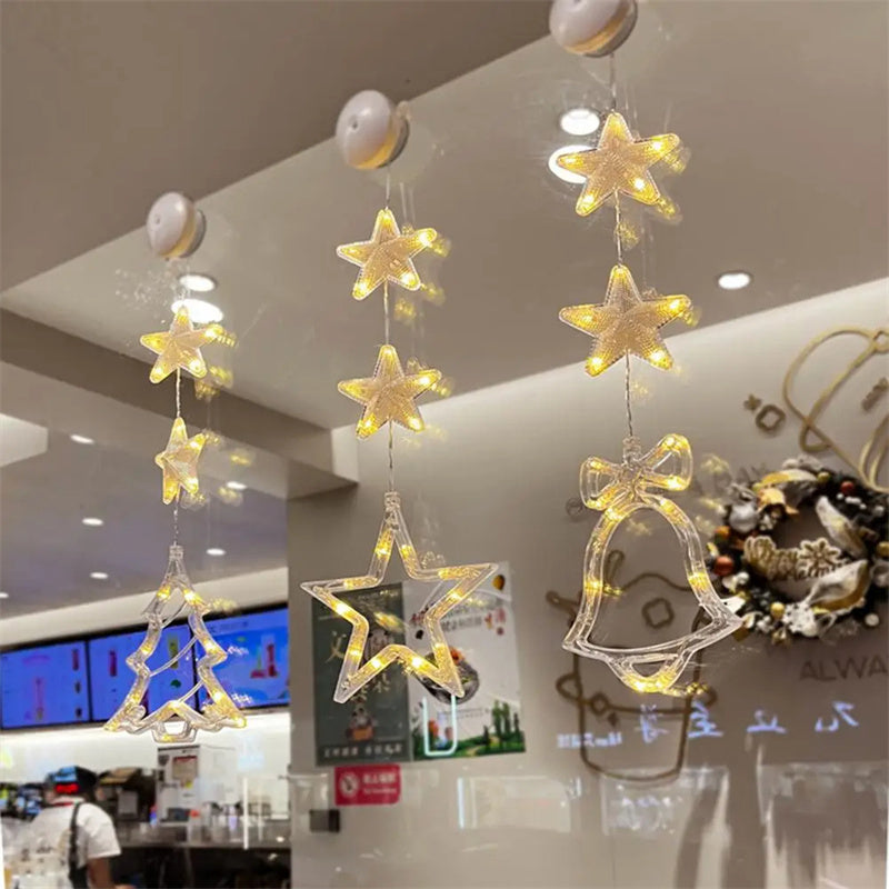 Christmas 3pcs LED Star Hanging Ornaments - Xmas Tree Window Sucker Lamps for Home & New Year Decor